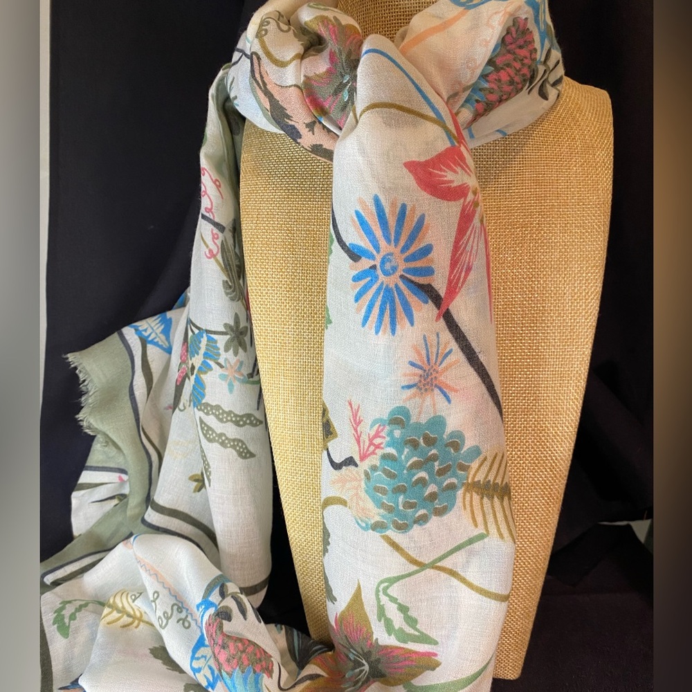 Joy Susan Multi-Color Floral Scarf with Sage Green Border. Lightweight 74” X 31” - Picture 6 of 8